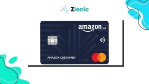 Amazon.ca Rewards Mastercard featuring a dark blue design, chip, contactless symbol, and Mastercard logo, shown with the Zienic logo and abstract graphic elements on a white background.