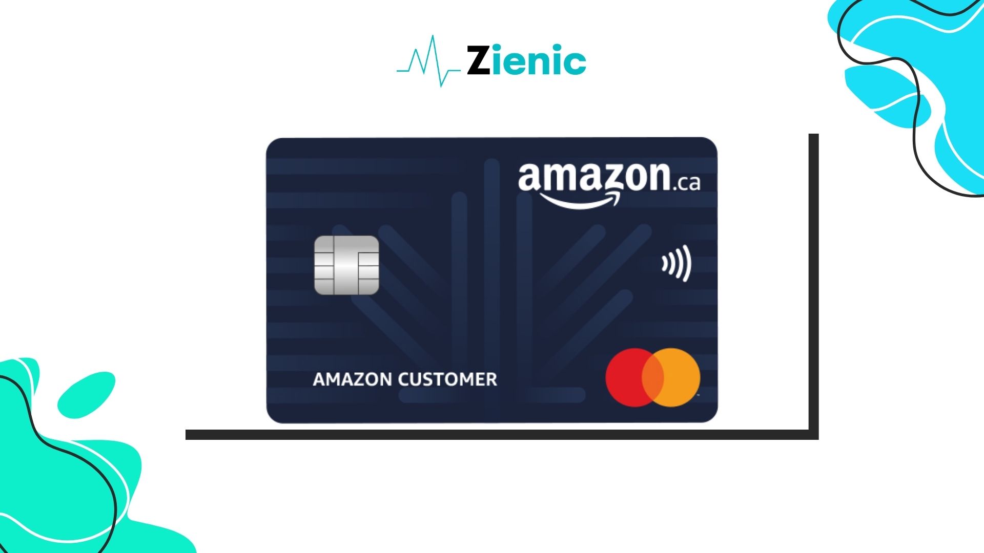 Amazon.ca Rewards Mastercard featuring a dark blue design, chip, contactless symbol, and Mastercard logo, shown with the Zienic logo and abstract graphic elements on a white background.