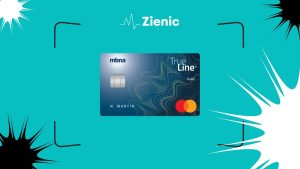 A digital promotional design featuring an MBNA True Line® Gold Mastercard® with a dark blue background and intricate golden wave patterns. The card displays a chip, the MBNA logo, and the name 'N. Martin' as a placeholder. The background is vibrant teal with comic-style black and white explosion effects in the corners. Above the card, the 'Zienic' logo is displayed in white with a heartbeat-style graphic