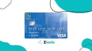 RBC Visa Classic Low Rate Option credit card with a blue design, chip, and embossed numbers, displayed with the Zienic logo and abstract teal elements on a white background.