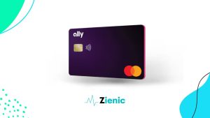 The Ally Platinum Mastercard® is shown with a sleek purple design, featuring the Ally logo, a contactless chip for easy payments, and the Mastercard logo in red and yellow. The card has a modern and stylish appearance, reflecting its premium features for convenient and secure transactions.