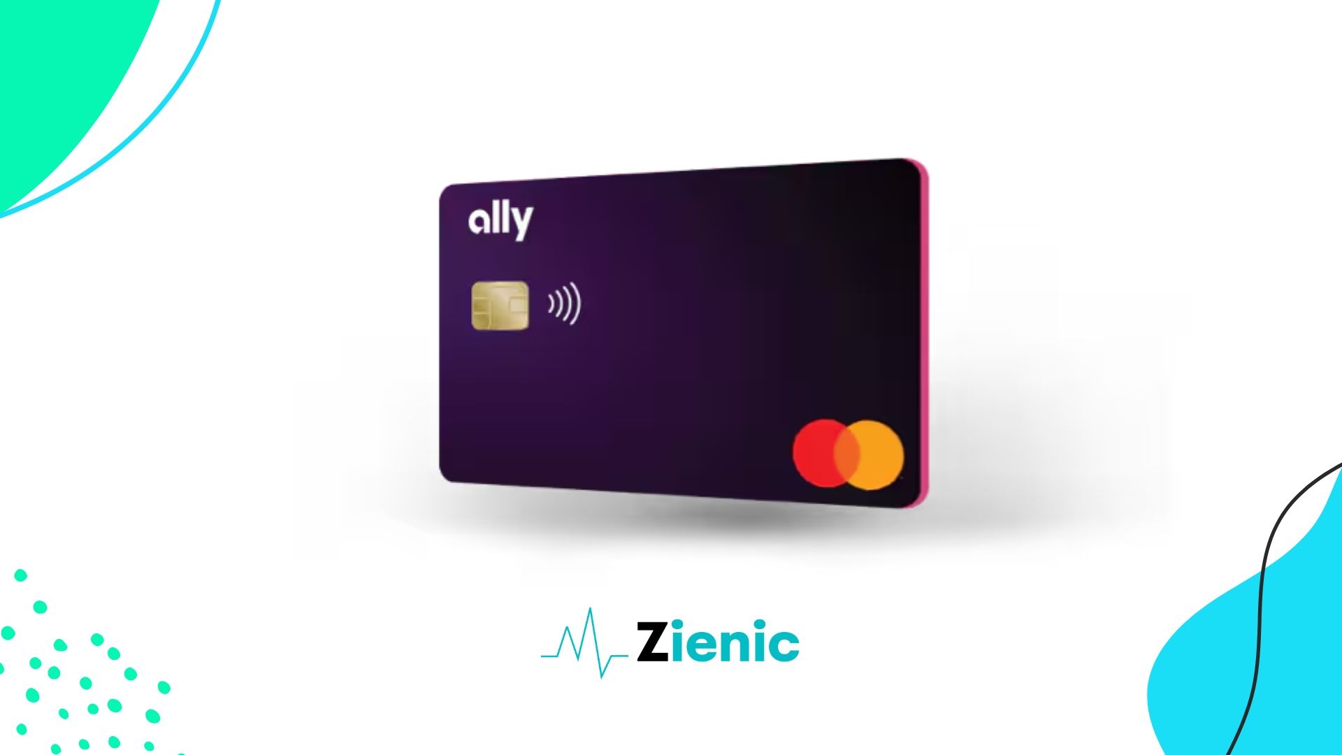 The Ally Platinum Mastercard® is shown with a sleek purple design, featuring the Ally logo, a contactless chip for easy payments, and the Mastercard logo in red and yellow. The card has a modern and stylish appearance, reflecting its premium features for convenient and secure transactions.