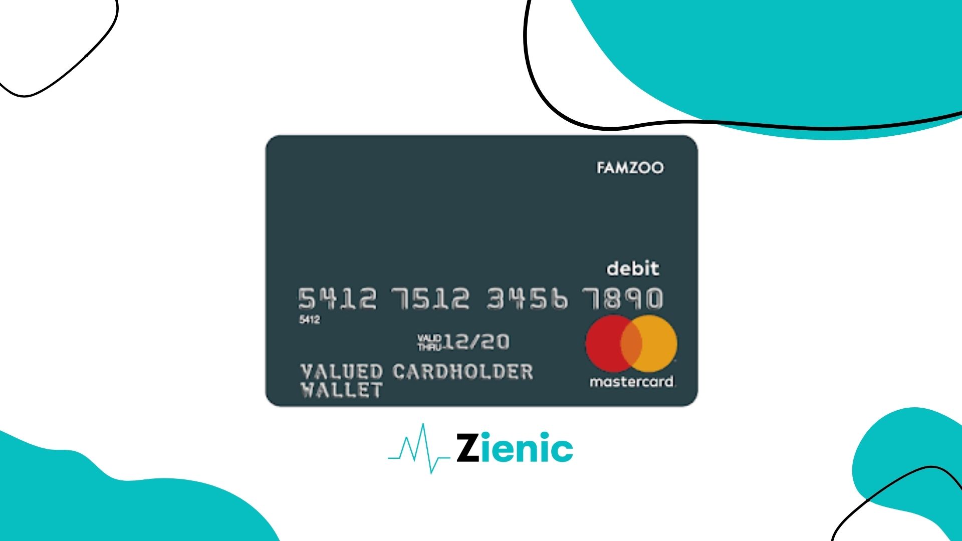 FamZoo Prepaid Card – a Mastercard-branded debit card designed for kids and teens to learn money management under parental supervision, shown with the Zienic logo on a white and teal background.
