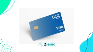 A close-up of the GO2bank Secured Visa® Credit Card, which features a modern blue gradient design with the 'GO2 BANK' and 'VISA CREDIT' labels. The card displays a chip for enhanced security and is shown against a clean white background with light blue accents. This image highlights the sleek, simple design of the GO2bank Secured Visa® Credit Card, designed to help build or improve credit.