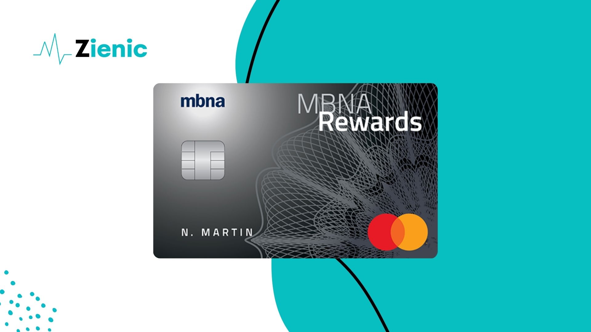 The MBNA Rewards Platinum Plus® Mastercard® is displayed with a sleek, dark design featuring intricate patterns and the 'MBNA Rewards' branding. The card includes the signature Mastercard logo in red and yellow and is personalized with the name 'N. MARTIN.' This image emphasizes the card's premium features, ideal for earning rewards on everyday purchases.
