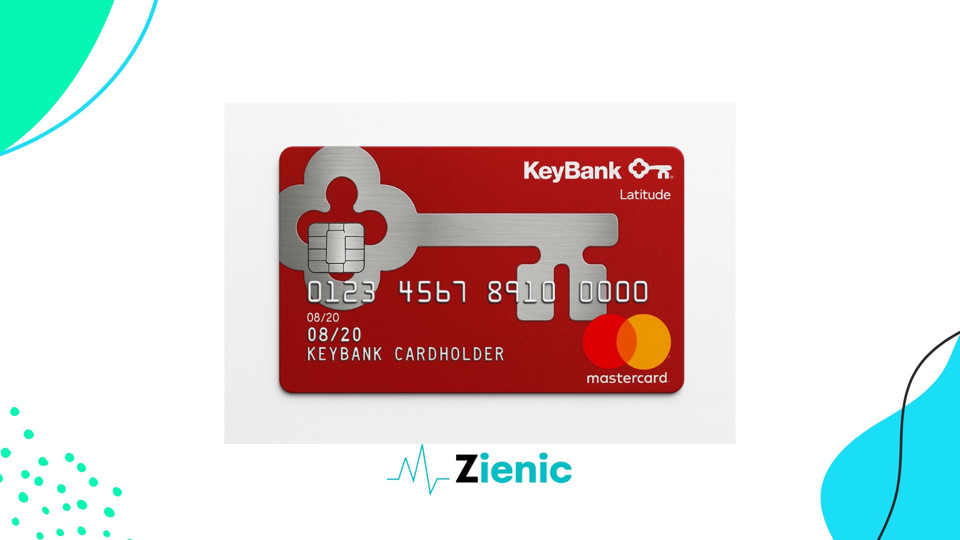 Realistic image of the KeyBank Latitude® Credit Card featuring a red background with a large metallic key design, embossed card numbers, a Mastercard logo, and the KeyBank logo, displayed on a clean white background with Zienic branding elements around the edges.