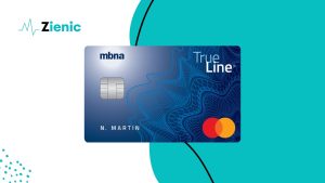 A blue MBNA True Line® Mastercard® credit card displayed against a modern teal and white background, highlighting its sleek design and the MBNA and Mastercard logos.