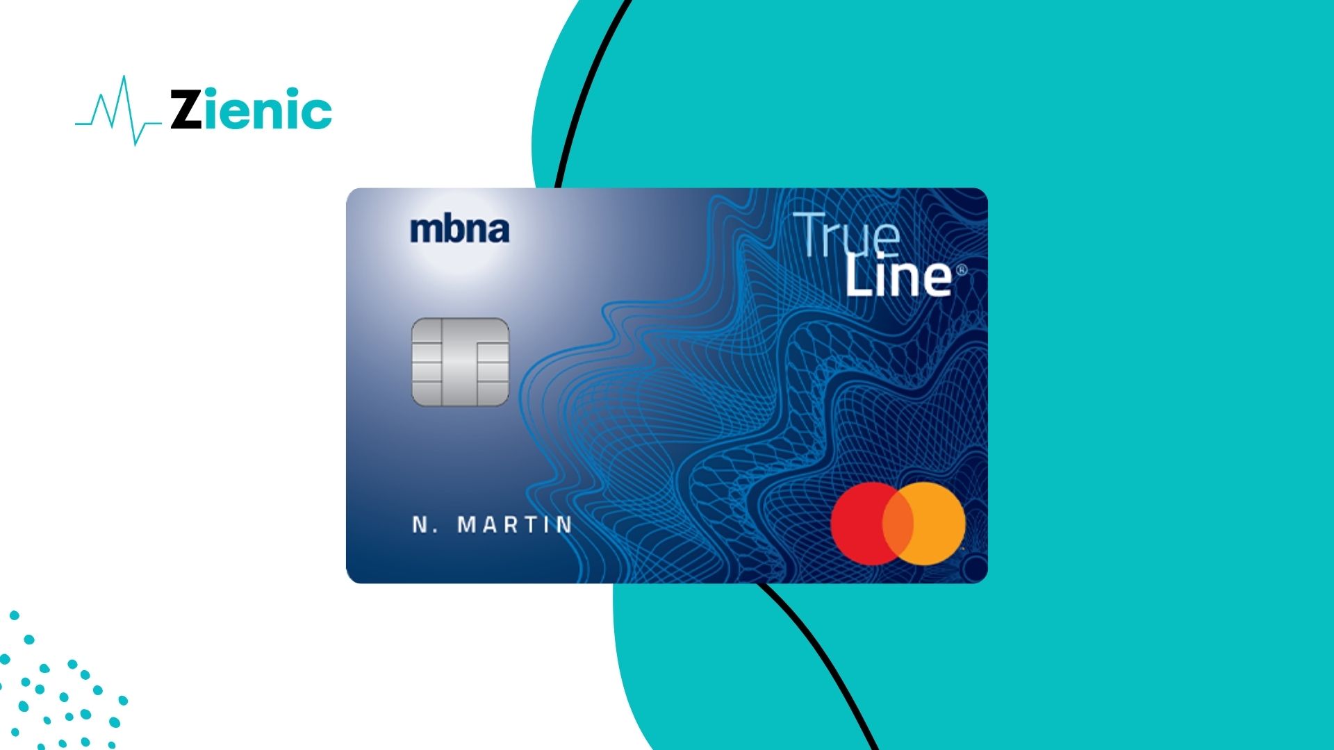 A blue MBNA True Line® Mastercard® credit card displayed against a modern teal and white background, highlighting its sleek design and the MBNA and Mastercard logos.