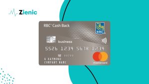 Close-up image of the RBC® Business Cash Back Mastercard‡ featuring a sleek metallic design with embossed card details, the RBC logo in the top-right corner, and the Mastercard logo in the bottom-right. The card is labeled “business” and includes a chip and contactless symbol, positioned against a modern teal and white background with the Zienic logo, emphasizing its use for small business financial management and cash back benefits.