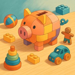 A colorful, imaginative illustration of a piggy bank built from toy blocks, symbolizing childcare savings, surrounded by playful children’s toys on a bright wooden surface.