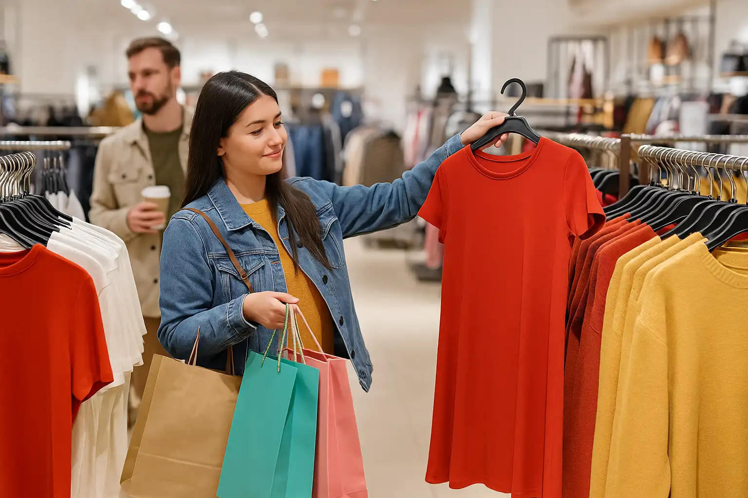 Consumer Culture scene: woman holding a red dress on a hanger while shopping for clothes, carrying bags, with colorful garments in the background.