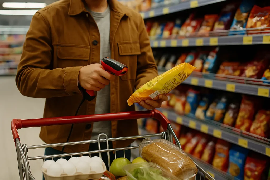 Consumer Culture in action: person scanning a snack package with a handheld barcode scanner while grocery shopping, cart filled with eggs, bread, apples, and greens.