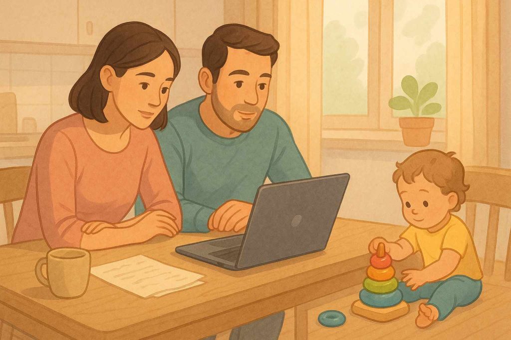 A warm, semi-realistic illustration of parents reviewing daycare options on a laptop at a kitchen table, with a toddler playing nearby, in a cozy and naturally lit family setting.