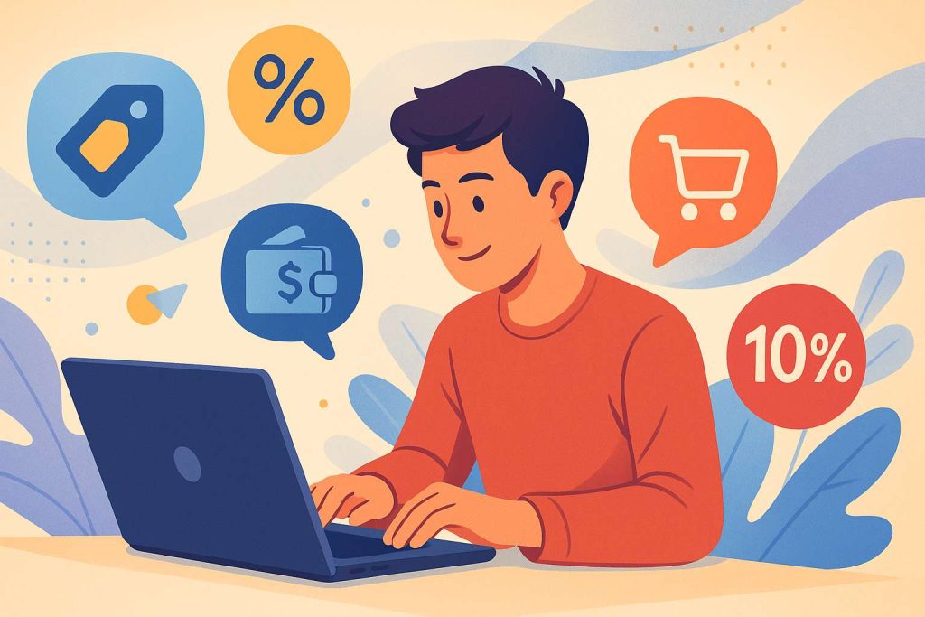 A modern illustration of a young person shopping online on a laptop, surrounded by floating icons of discounts, cashback, and percentage symbols in a vibrant digital style.