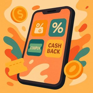 A cozy, modern digital illustration of a smartphone screen with shopping and savings apps, surrounded by playful abstract shapes with coins, money, and coupons in a warm, colorful palette.
