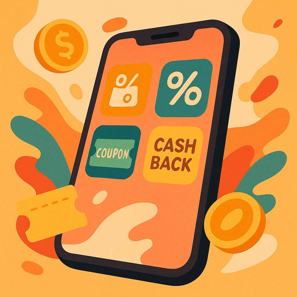 A cozy, modern digital illustration of a smartphone screen with shopping and savings apps, surrounded by playful abstract shapes with coins, money, and coupons in a warm, colorful palette.