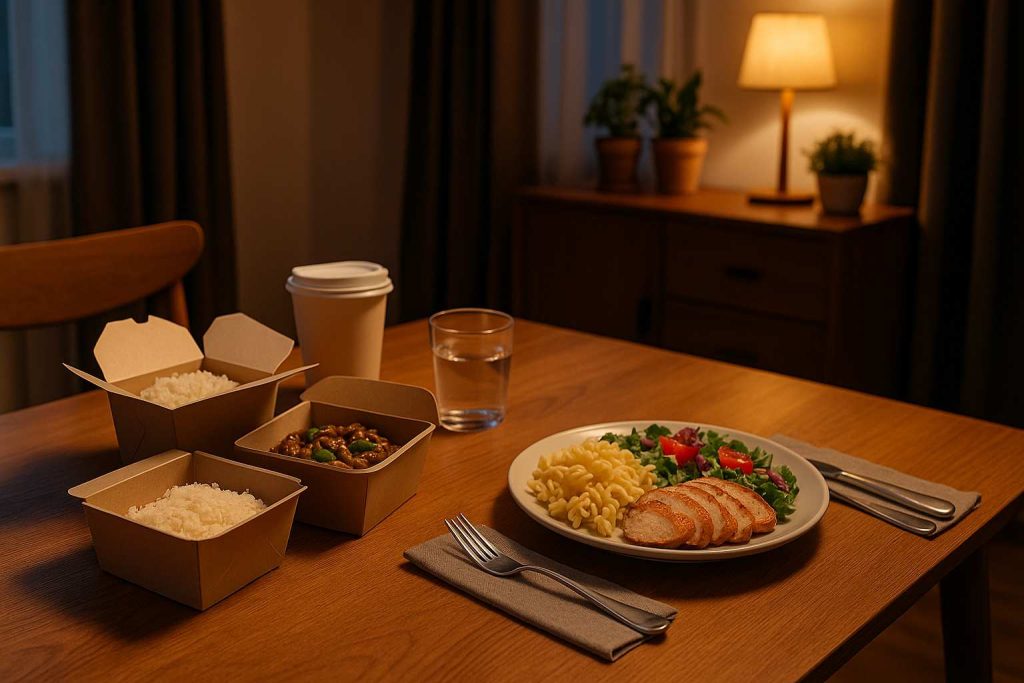 A cozy dining table at home with warm lighting, showing delivery takeout containers on one side and a homemade meal with pasta, salad, and chicken on the other, symbolizing balance between convenience and savings.