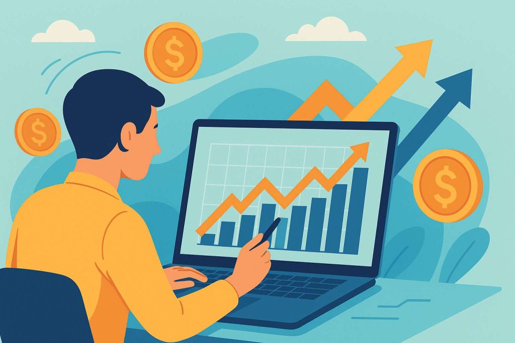 A modern flat-style illustration of a person analyzing stock financial graphs on a laptop, surrounded by abstract icons of coins and upward arrows, symbolizing growth and income.