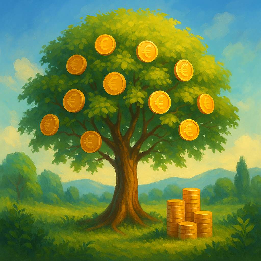 A semi-realistic digital painting of a flourishing tree with golden coins instead of fruits, symbolizing the balance between nature and finance, set in a vibrant landscape.