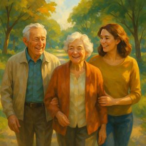 Elderly couple smiling while walking in a park with their adult child, symbolizing care, support, and family strategies, surrounded by greenery in a modern semi-realistic digital painting.