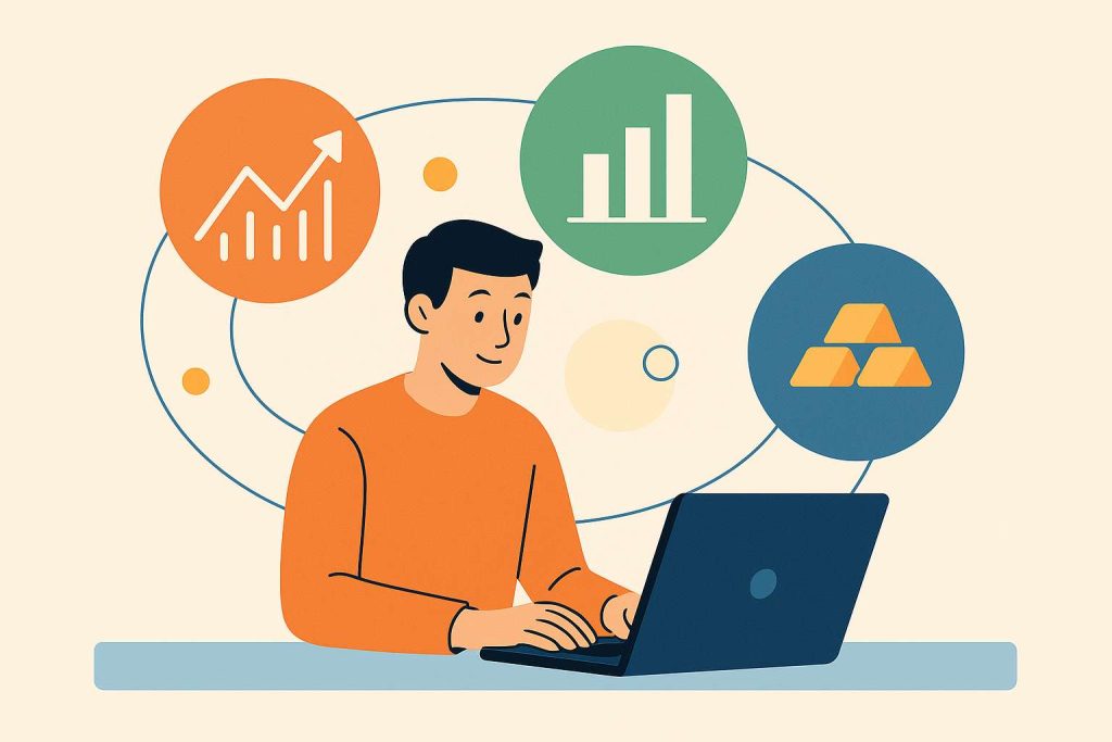 A modern minimalistic illustration of a beginner investor sitting at a laptop, with abstract colorful shapes symbolizing diversified markets—stocks, bonds, commodities, and ETFs—orbiting around.