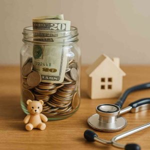 A modern photorealistic illustration of a glass jar filled with coins and bills on a wooden table, surrounded by a small house figurine, a toy bear, and a stethoscope, symbolizing family financial needs.