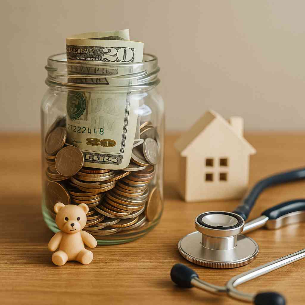 A modern photorealistic illustration of a glass jar filled with coins and bills on a wooden table, surrounded by a small house figurine, a toy bear, and a stethoscope, symbolizing family financial needs.