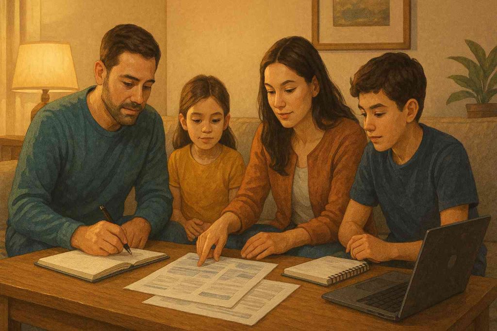 A realistic digital illustration of a family of four sitting together in a cozy living room, planning finances with notebooks, papers, and a laptop on the table, under warm and hopeful lighting.