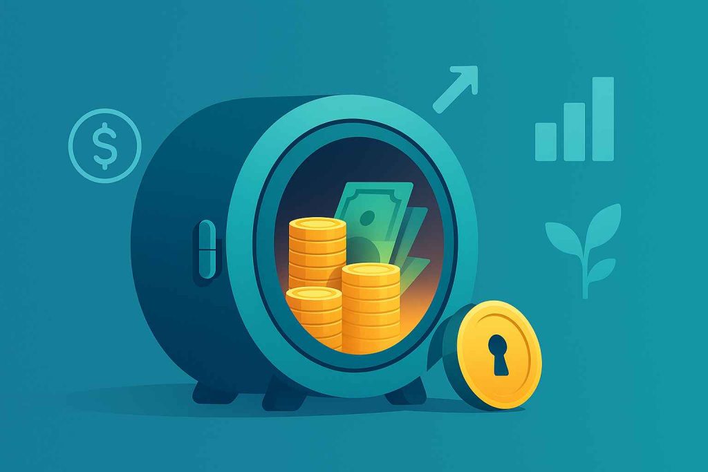 A modern flat-style financial illustration showing a locked deposit vault with glowing coins and bills inside, surrounded by minimalist icons symbolizing growth and stability.