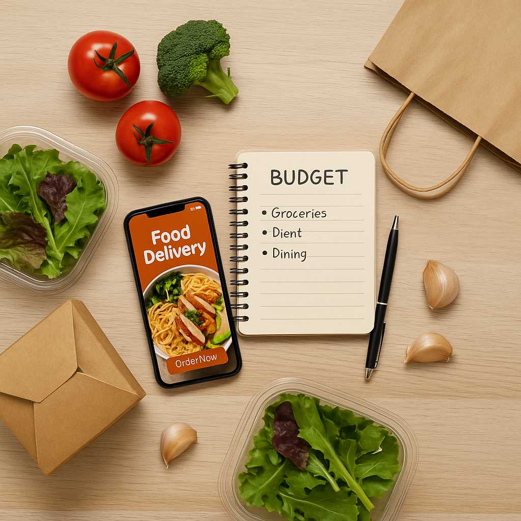 A flat lay on a light wooden surface showing a smartphone with a food delivery app, a handwritten budget notebook, fresh vegetables, garlic, and takeout packaging, symbolizing mindful spending and financial awareness.