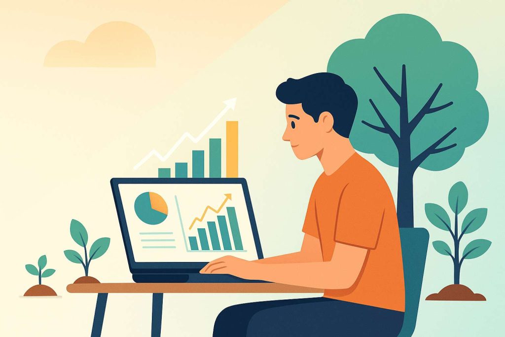 A minimalist and colorful digital illustration of a young person sitting at a desk with a laptop showing investing charts and graphs, surrounded by small plants growing into larger trees, symbolizing financial growth.