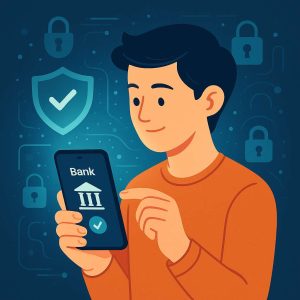 A person using a mobile banking app on a smartphone, surrounded by glowing shields, locks, and digital patterns symbolizing bank account security.