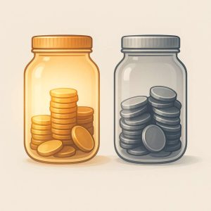 A clean conceptual illustration of two transparent jars filled with coins, one glowing with a golden light and the other shaded with a silver hue, symbolizing different retirement savings approaches.