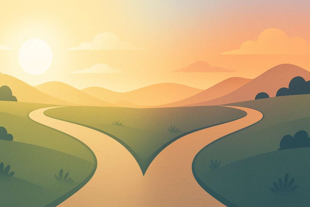 A serene semi-realistic illustration of two diverging paths in a calm landscape, one illuminated by morning sunlight and the other by warm evening tones, symbolizing different IRA retirement savings choices.