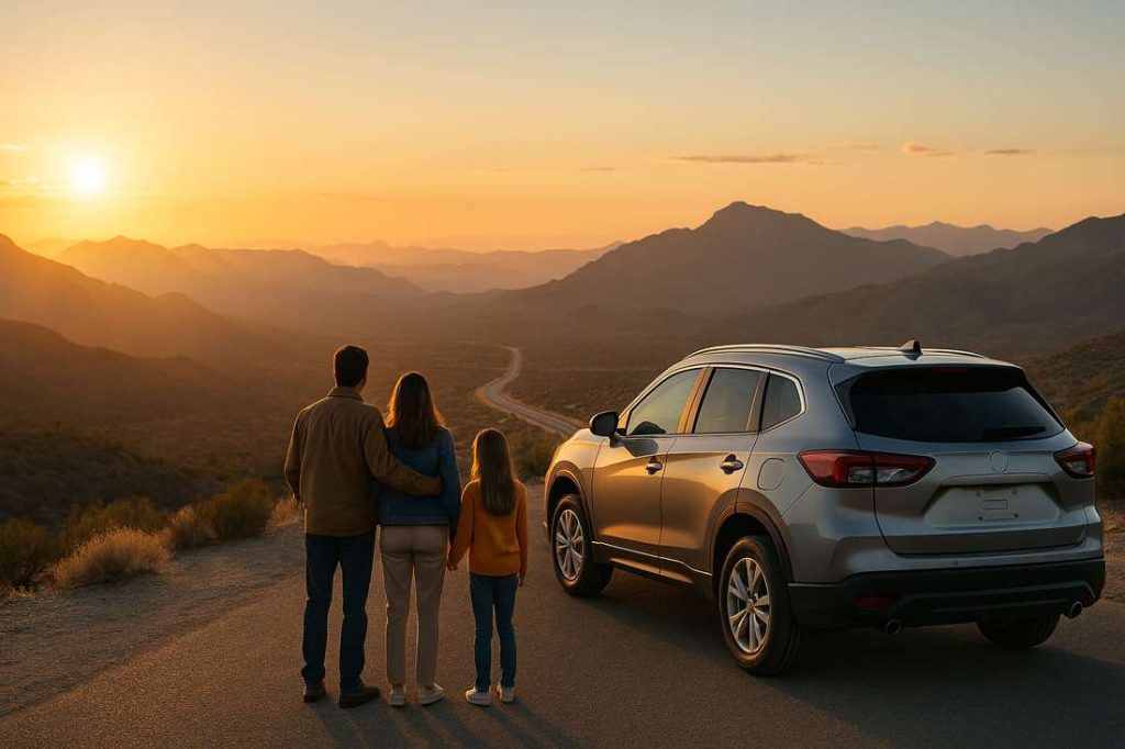 A family on a travel adventure stands next to their car at a scenic mountain viewpoint during golden hour, overlooking winding roads and distant peaks on a US road trip.