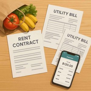 Top-down view of a dining table with a grocery bag of produce, rent contract, utility bills, and a smartphone showing a bill-splitting app, in vibrant semi-realistic digital art style.