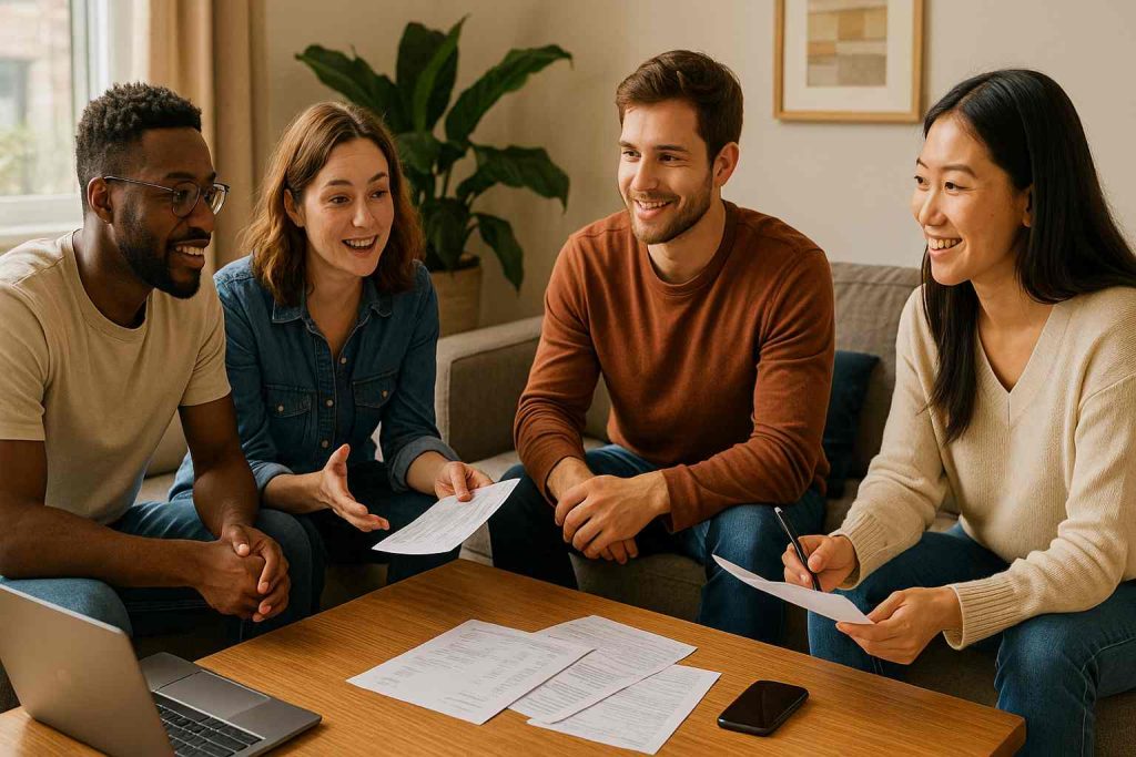 Diverse group of roommates sitting together in a cozy modern living room, discussing expenses around a coffee table with laptops and documents, illuminated by warm natural light.