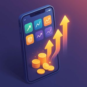 Isometric digital illustration of a smartphone screen displaying colorful micro-investing apps, with golden coins transforming into glowing upward arrows, symbolizing financial growth.