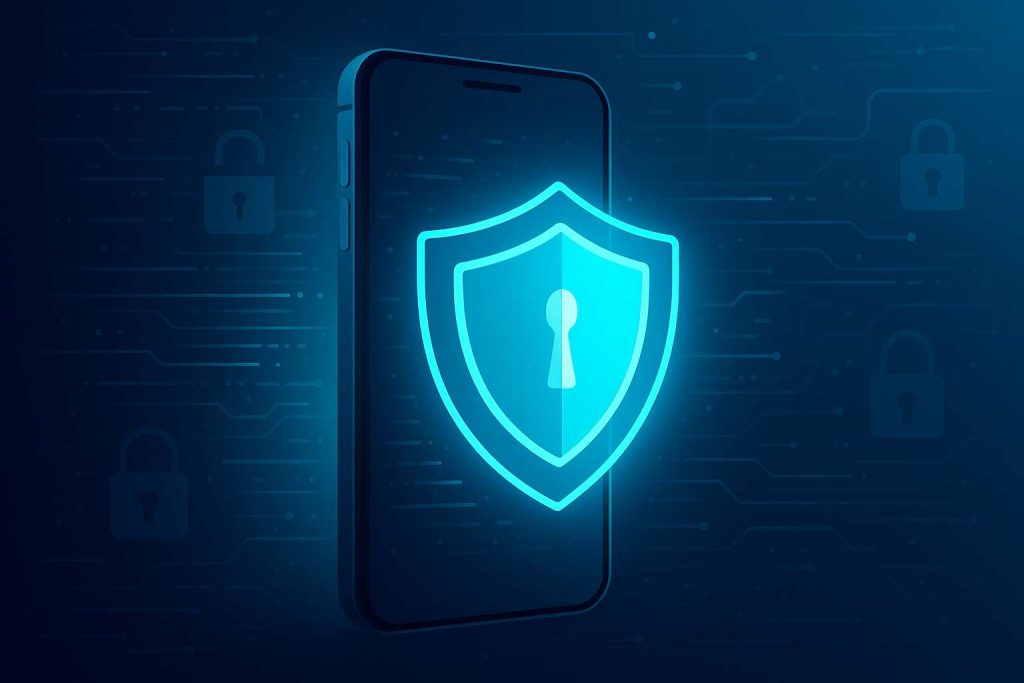 A glowing digital shield overlays a smartphone, symbolizing bank account security, with abstract data streams and locks in the background.