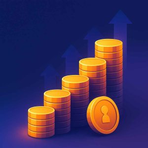 An abstract digital illustration of stacked golden discs forming a deposit ladder, with subtle upward arrows in the background, symbolizing structured financial growth in a futuristic and sleek style.