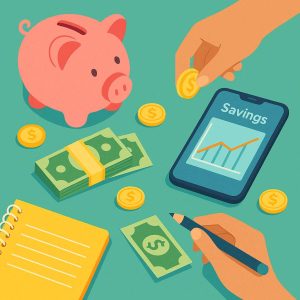 Flat-lay illustration of a teenager’s desk with a piggy bank, smartphone showing a savings graph, small stacks of money, and coins in a colorful, minimalist style with clean lines and vibrant tones.