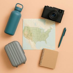 A flat-lay of travel essentials on a table, featuring a US map, reusable water bottle, camera, notebook, small luggage, and pen, arranged in a minimalist pastel style with a stylish yet practical travel feel.