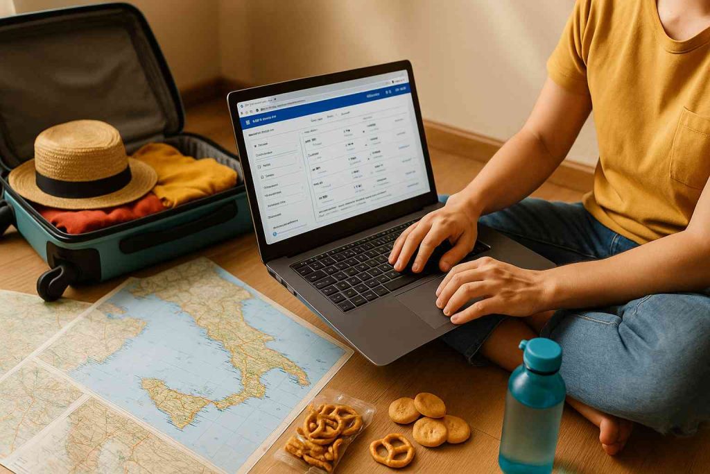 A traveler sitting on the floor with an open suitcase, checking vacation flight options on a laptop, surrounded by maps, snacks, and a reusable water bottle in warm natural daylight.