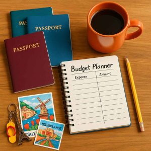 A cheerful overhead view of a wooden table with colorful passports, a budget planner notebook, a cup of coffee, and small travel souvenirs like keychains and postcards, creating an inspiring atmosphere for trip planning.