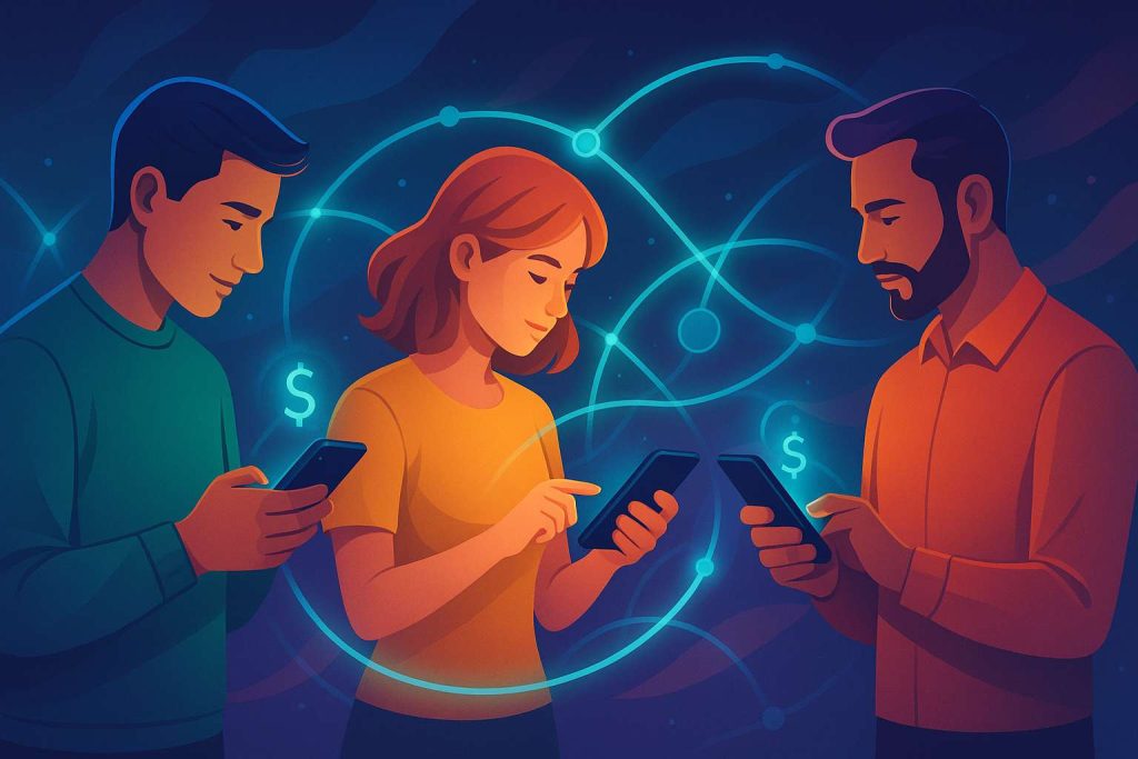 A modern digital illustration of three people using smartphones and a payment app for financial transactions, connected by glowing abstract lines symbolizing money flow, in vibrant colors with a sense of speed and security.