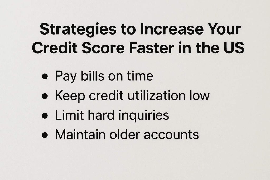 Image with the title “Strategies to Increase Your Credit Score Faster in the US.” Below the title, there is a list with four bullet points: “Pay bills on time,” “Keep credit utilization low,” “Limit hard inquiries,” and “Maintain older accounts.”