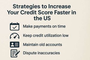 Image with the title “Strategies to Increase Your Credit Score Faster in the US.” Below the title, there are four items with icons: “Make payments on time” with a calendar icon, “Keep credit utilization low” with a speedometer icon, “Maintain old accounts” with an ID card icon, and “Dispute inaccuracies” with a document and pencil icon.