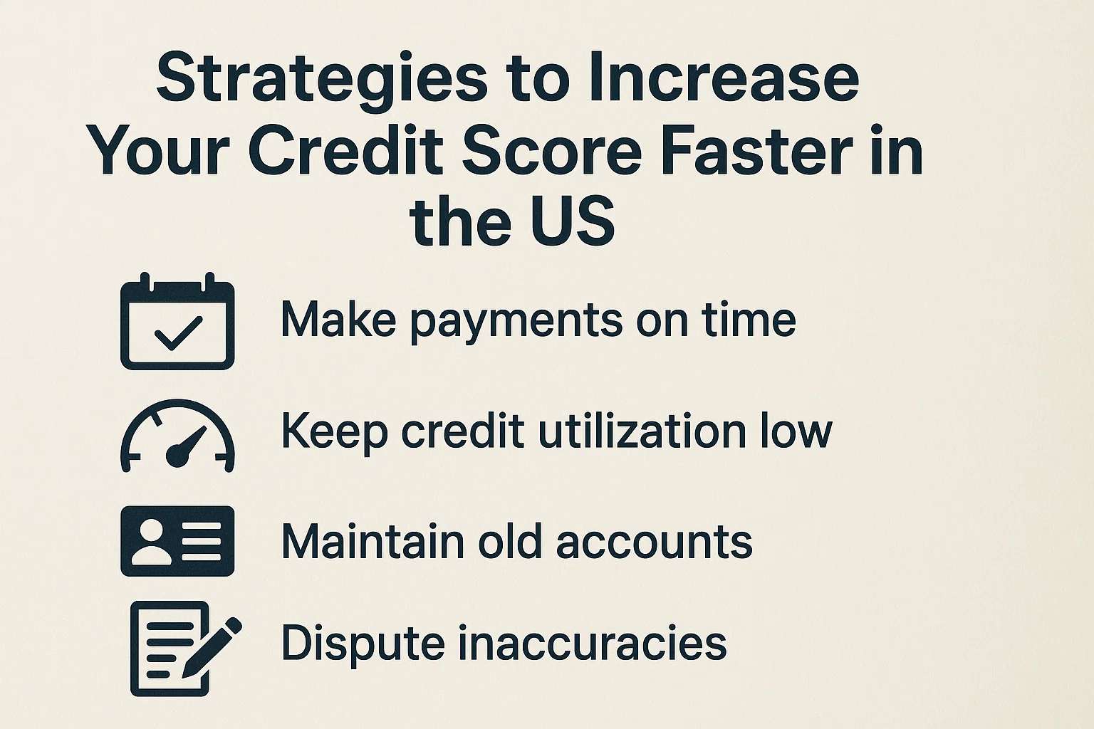 Image with the title “Strategies to Increase Your Credit Score Faster in the US.” Below the title, there are four items with icons: “Make payments on time” with a calendar icon, “Keep credit utilization low” with a speedometer icon, “Maintain old accounts” with an ID card icon, and “Dispute inaccuracies” with a document and pencil icon.