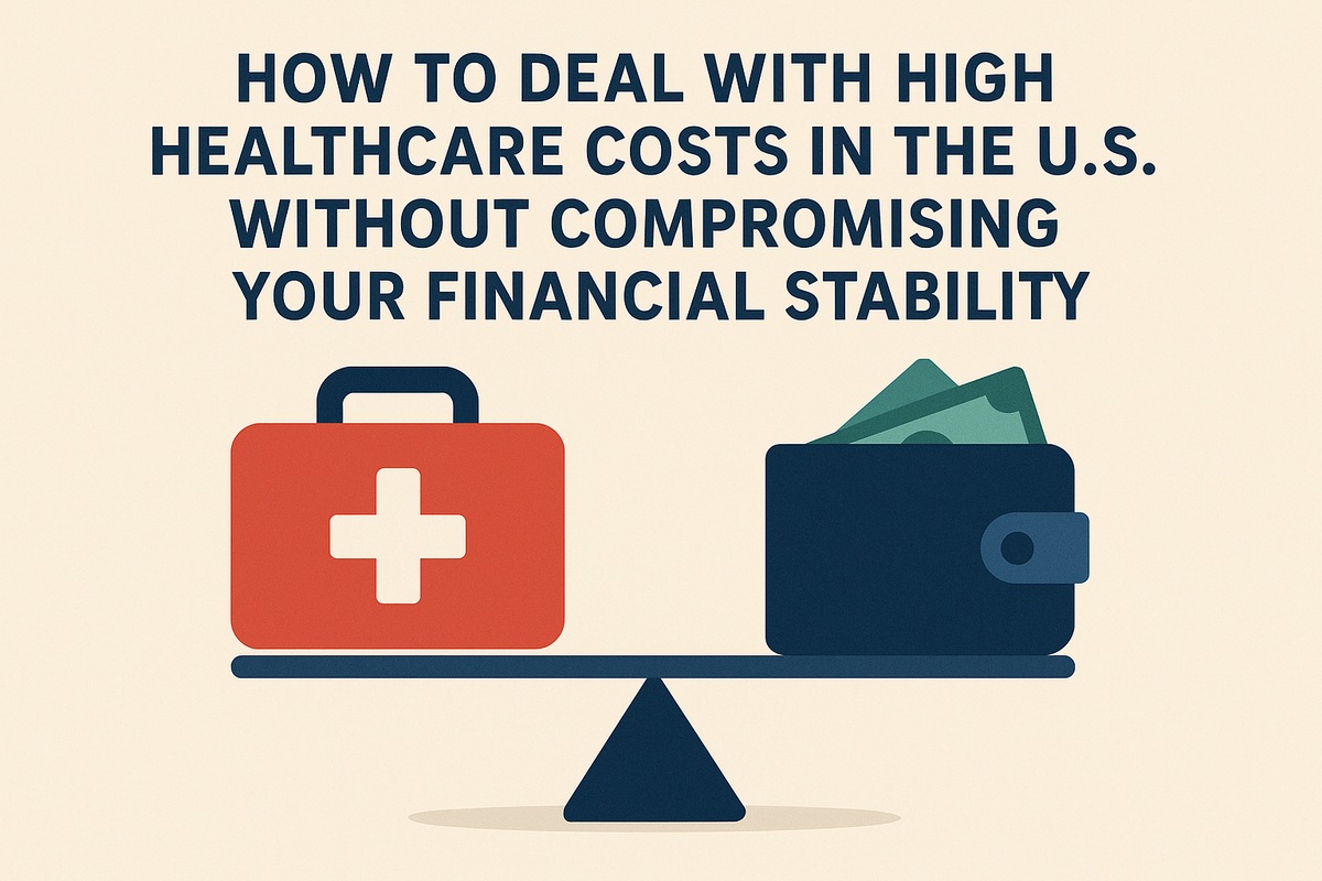 Minimalist illustration on a light background showing a balanced scale. On the left sits a red first-aid kit with a white cross; on the right, a dark blue wallet with green bills peeking out. Above the scale, a large English headline discusses dealing with high healthcare costs in the U.S. without harming financial stability, emphasizing the idea of balancing medical expenses with personal finances.