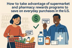 Flat-style illustration on a light beige background about saving money with rewards programs. At the top, a large English headline explains how to use supermarket and pharmacy loyalty programs to save on everyday purchases in the U.S. Below the text, two cartoon shoppers stand in a store setting: on the left, a woman with dark hair holds a ‘Rewards Card’ beside a shopping cart filled with groceries like vegetables and bread; on the right, a smiling man raises another ‘Rewards Card’ next to pharmacy-related items (a bottle with a medical cross, a pill bottle, and a box) and a blue shopping bag with a white cross. A green dollar symbol and a checkmark float between them, emphasizing discounts and successful savings. The scene suggests combining grocery and drugstore perks to reduce routine costs.